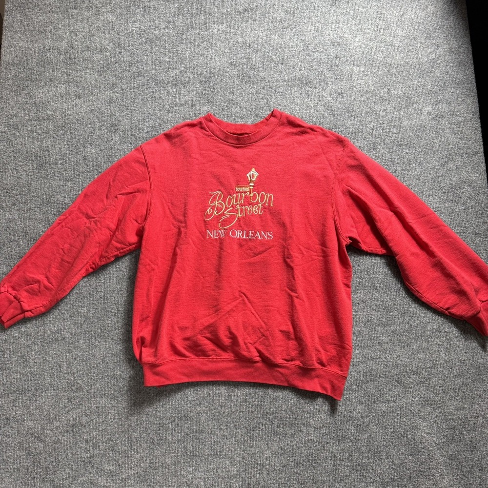 Vintage Bourbon Street New Orleans Sweatshirt Red Crewneck Graphic Pullover Lg